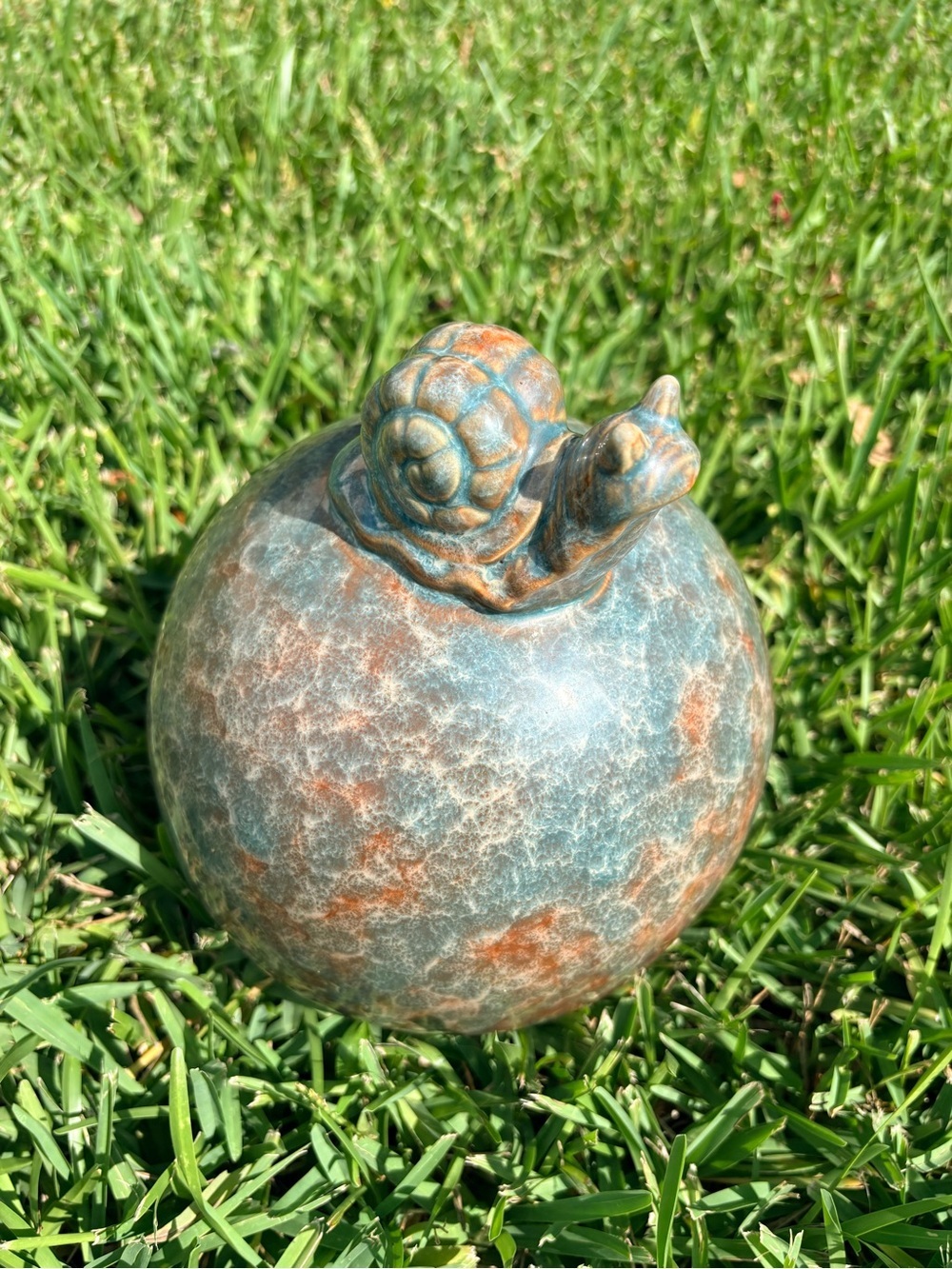 Handmade Drip Glazed Ceramic Snail Garden Sphere | Artisan Yard Decor | 9" Tall - Picture 6 of 9